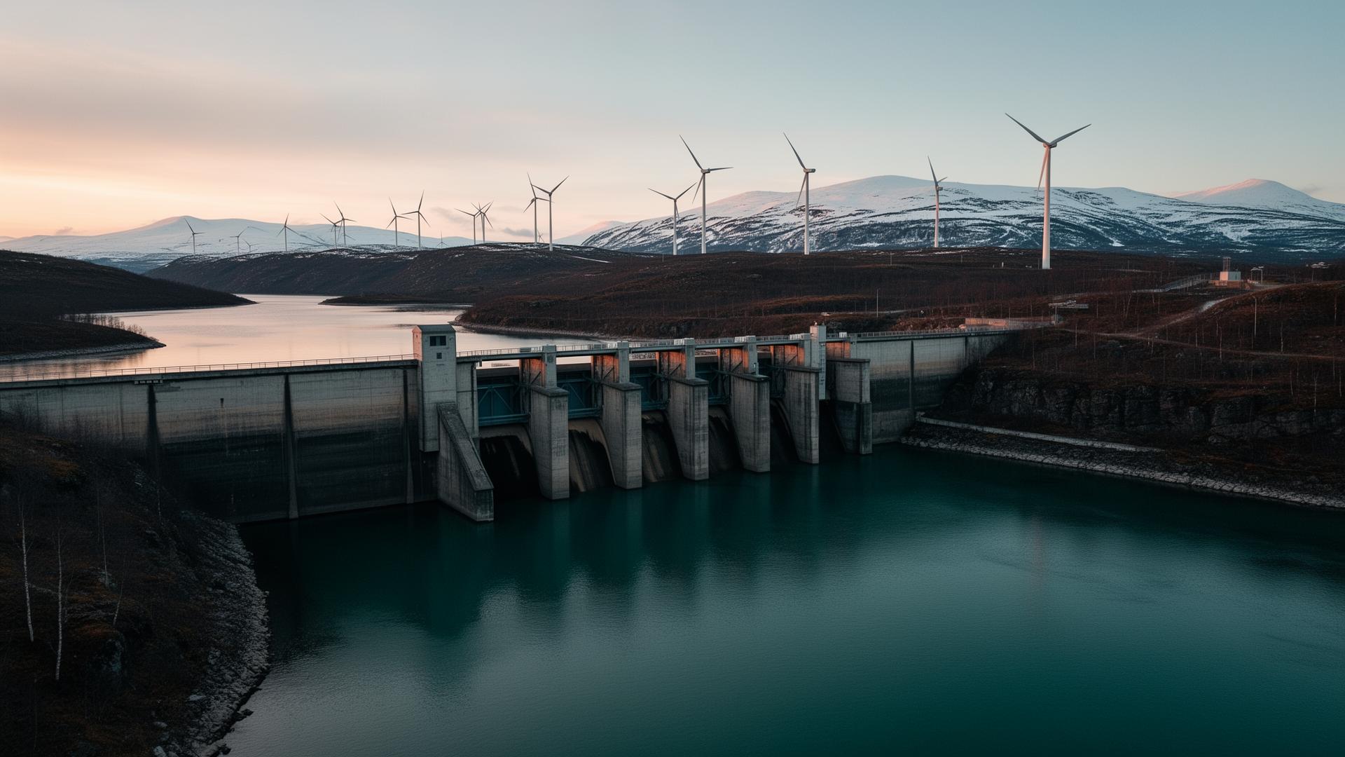 Hydropower dam and wind turbines in northern Sweden